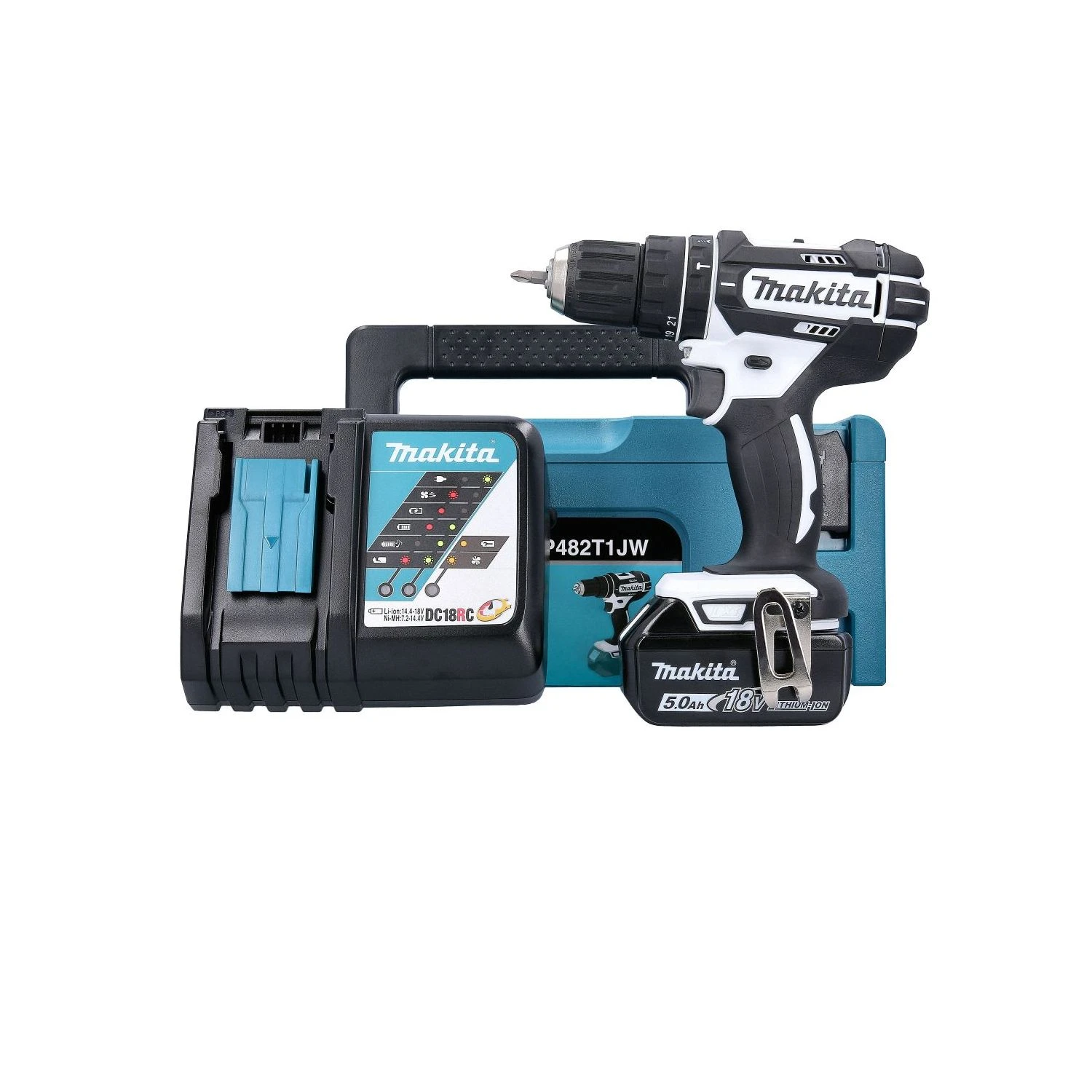 Makita DHP482T1JW 18V LXT Cordless White Combi Drill With 1 X 5.0Ah Battery, Charger & Type 2 Case