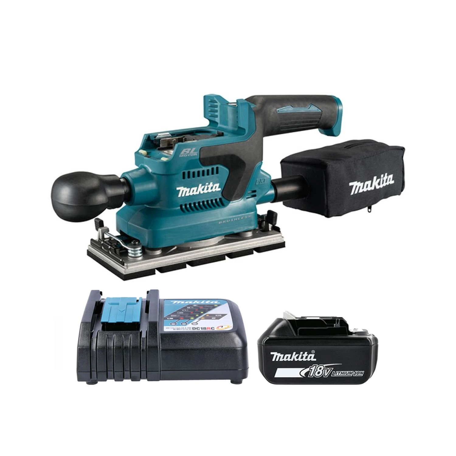 Makita DBO381 18V LXT Brushless Finishing Sander With 1 X 5.0Ah Battery & Charger