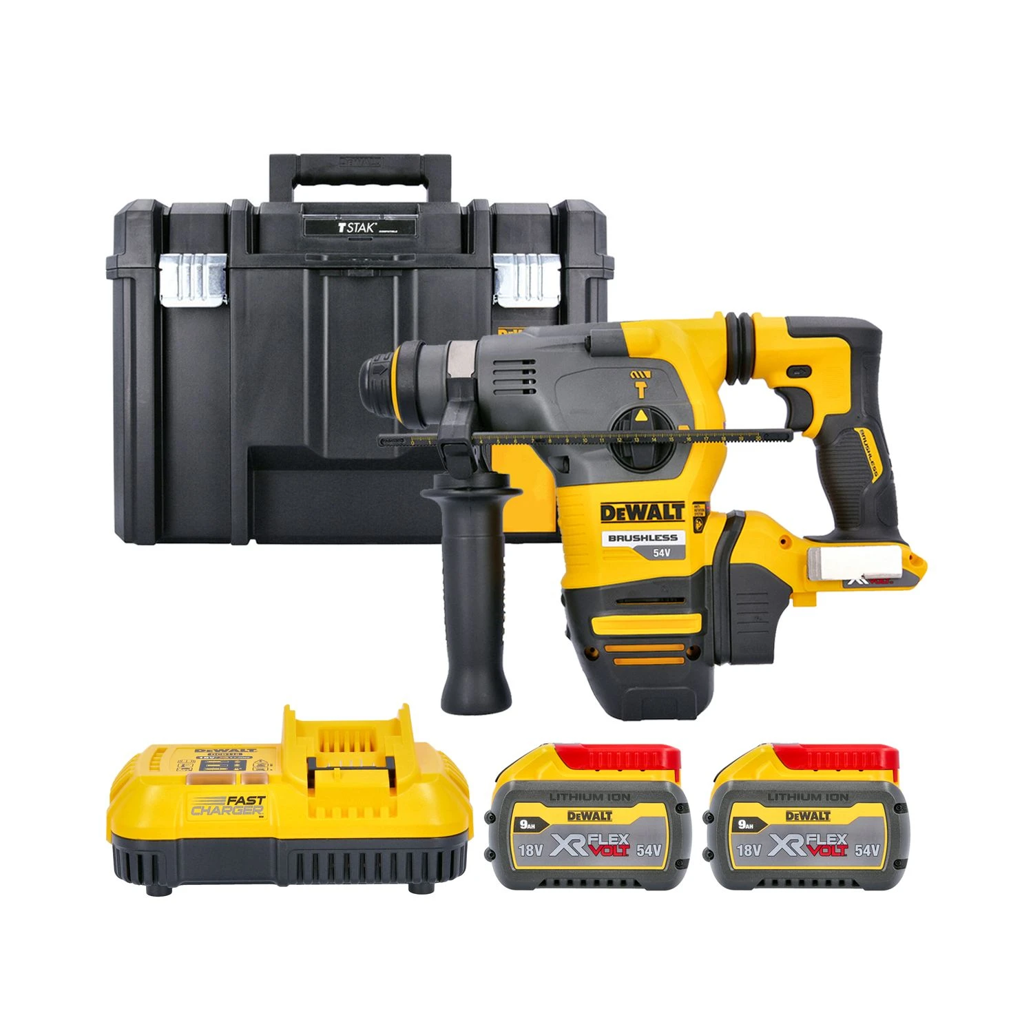 Dewalt DCH333 54V XR Brushless Flexvolt SDS+ Hammer Drill With 2 X 9.0Ah Batteries, Charger & Case