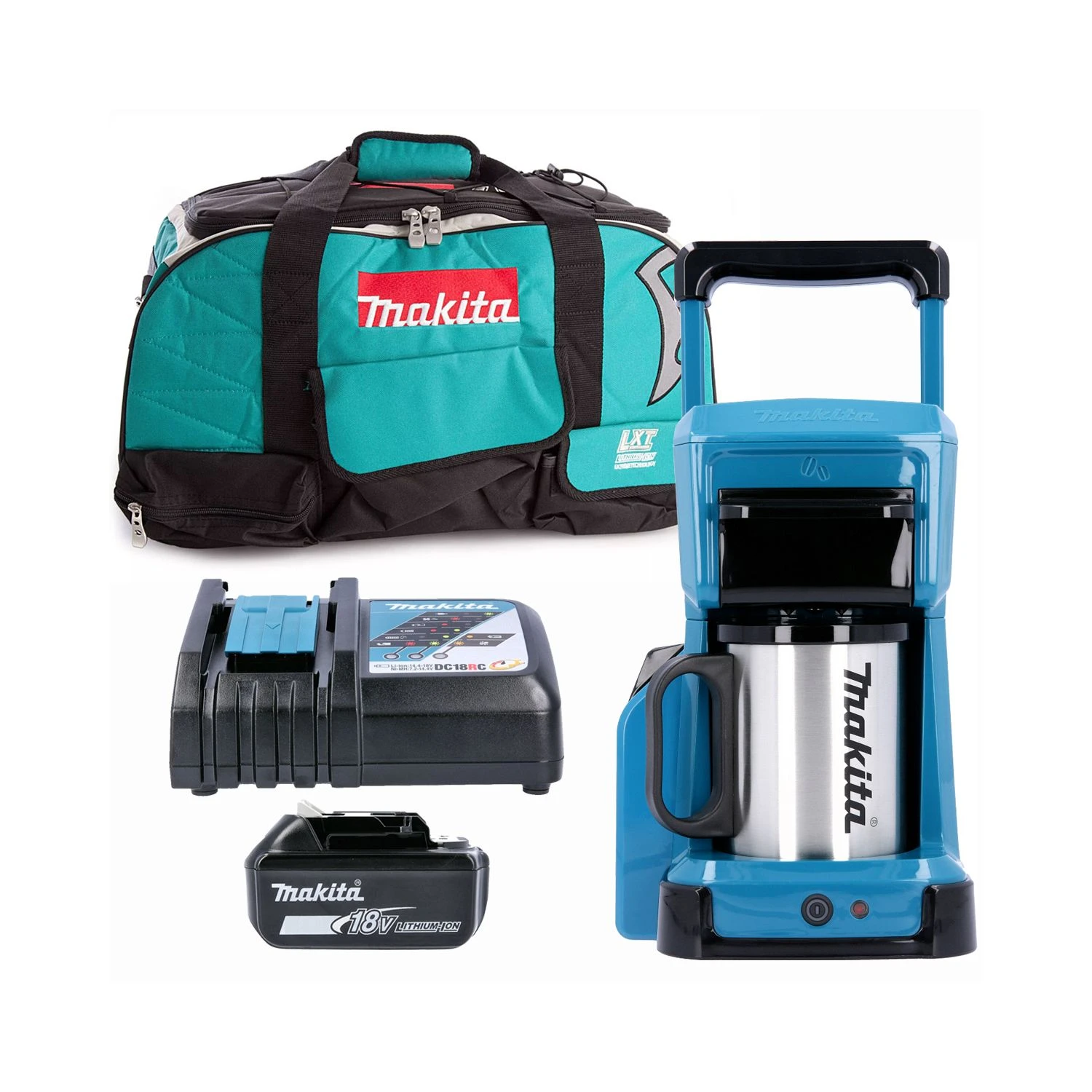 Makita DCM501 12V/18V CXT/LXT Coffee Maker 1 X 4.0Ah Battery, Charger & LXT400 Tool Bag
