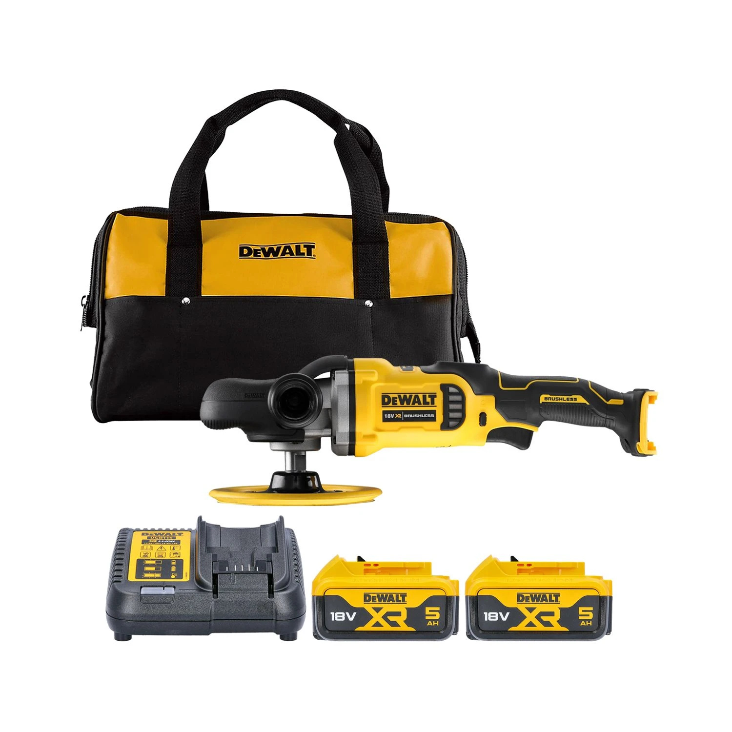 Dewalt DCM849P2 18V Cordless Brushless 180mm Rotary Polisher 2 X 5.0Ah Batteries, Charger & Bag