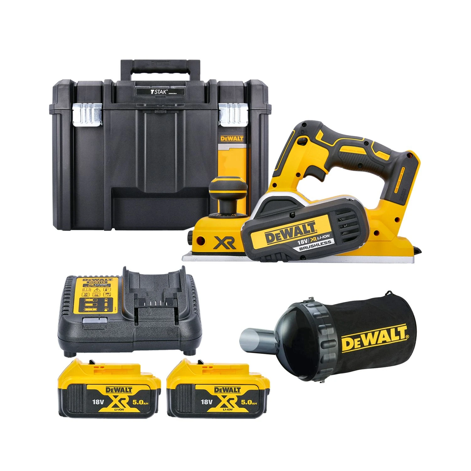 DeWalt DCP580P2 18V XR Cordless Brushless Planer With 2 X 5.0Ah Batteries, Charger, Dust Bag & Case
