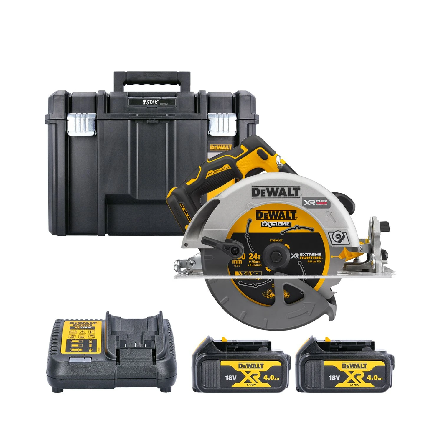 DeWalt DCS573 18V XR Brushless FlexVolt Advantage 190mm Circular Saw With 2 X 4.0Ah Batteries, Charger & Case