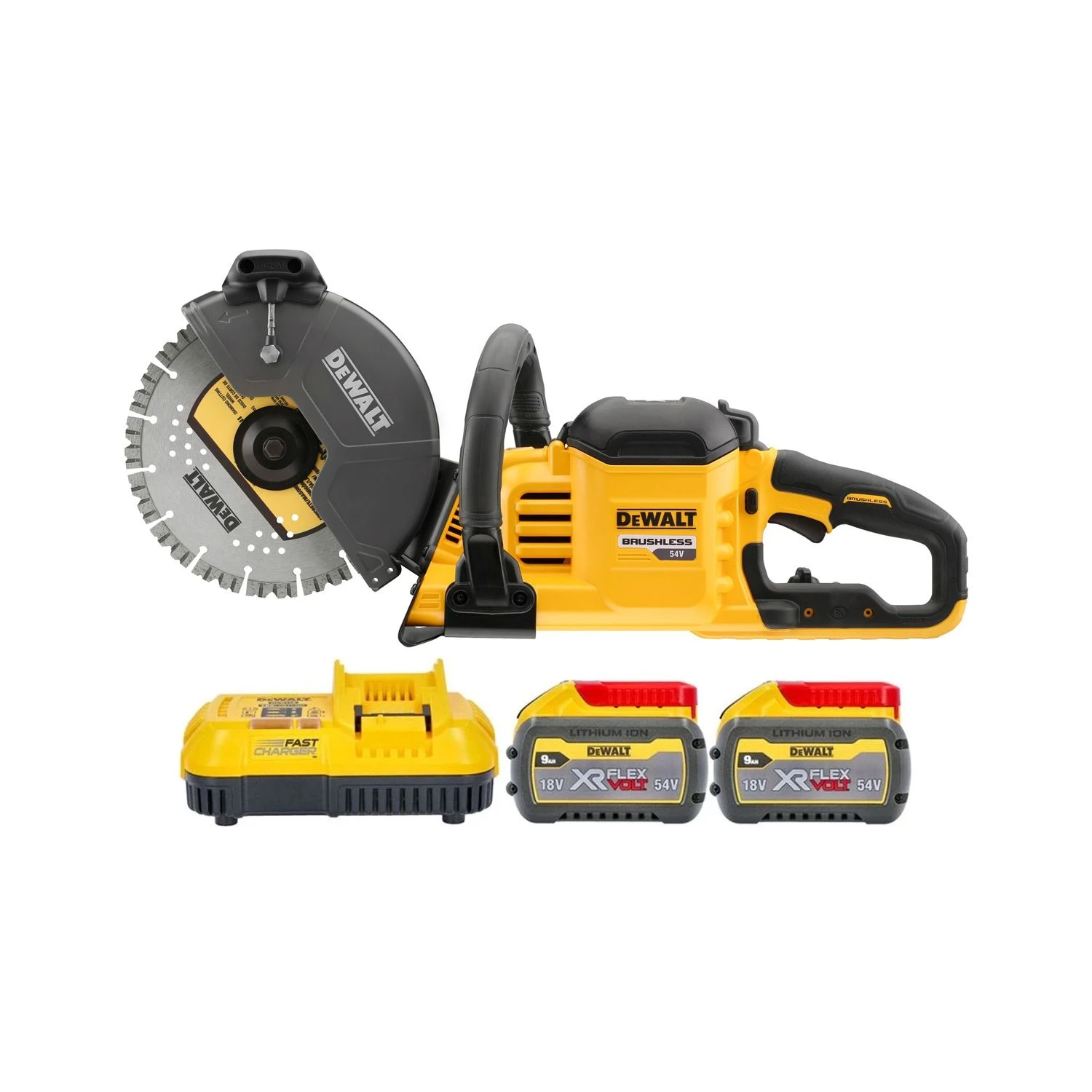 Dewalt DCS691X2 54V XR Cordless Brushless 230mm Flexvolt Cut-Off Saw With 2 X 9Ah Batteries & Charger