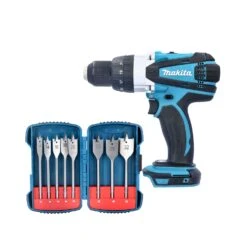 Makita DHP458 Combi Drill With 8Pcs Flat Wood Drill Bit Set