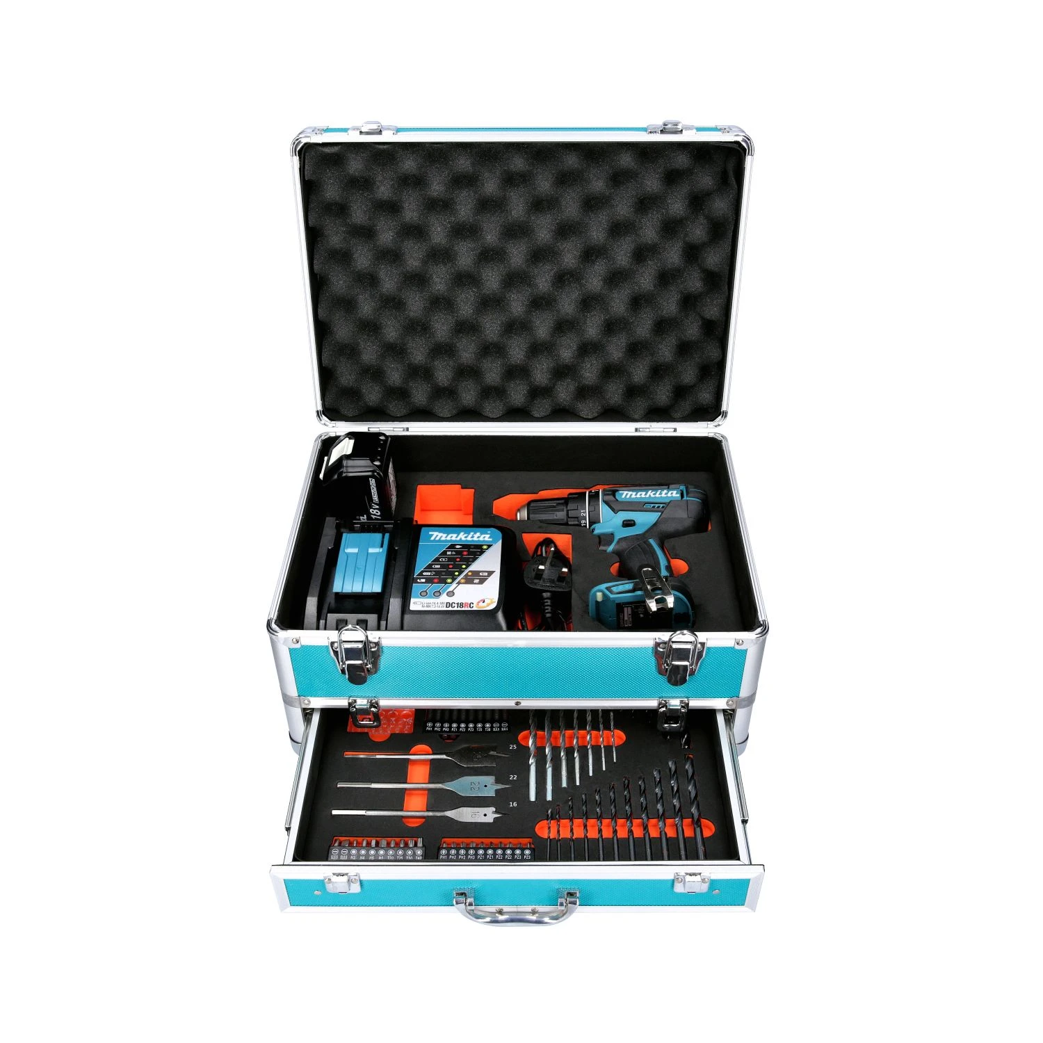 Makita DHP482 18V LXT Combi Drill + 1 X 6.0Ah Battery & Charger With 70 Pc Acc. Set In Case