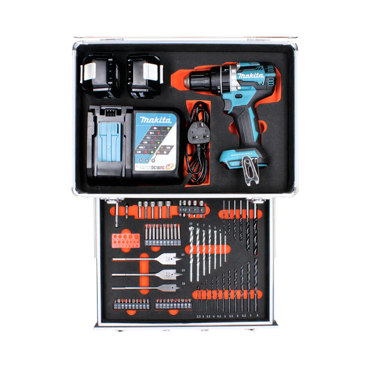Makita DHP484 18V Combi Drill + 2 X 4Ah Batteries & Charger With 70pc Acc. Set In Case - Image 2