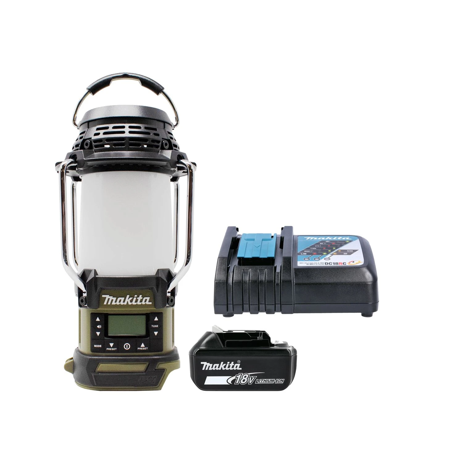 Makita DMR055 14.4V / 18V LXT Cordless Olive Green AM / FM Radio Lantern With 1 X 5.0Ah Battery & Charger