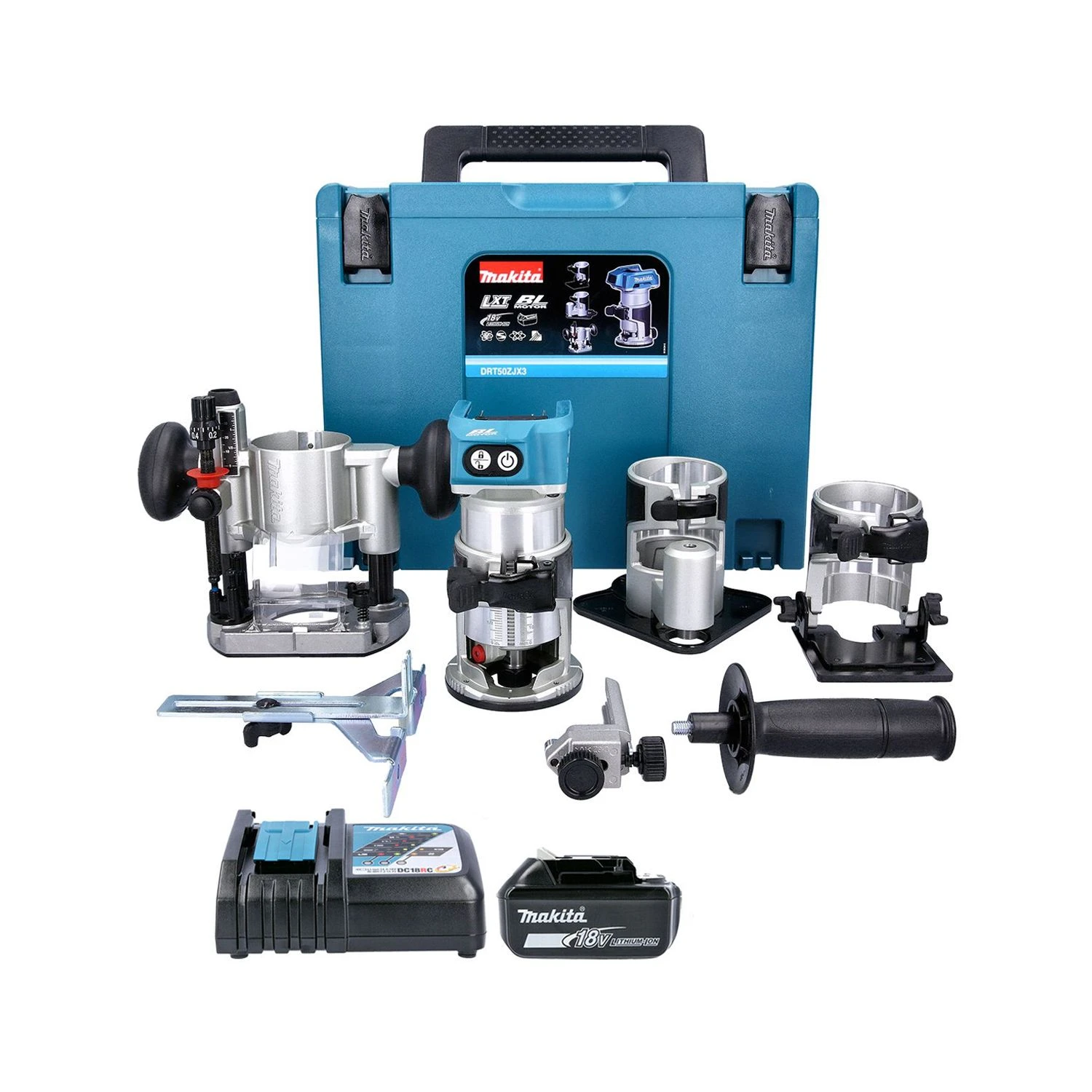 Makita DRT50ZJX3 18v Brushless Router With Extra Bases With 1 X 5.0Ah Battery & Charger
