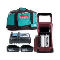 Makita DCM501ZAR 10.8V /18V CXT / LXT Special Edition Red Coffee Maker With 2 X 4.0Ah Batteries, Charger & LXT400 Tool Bag