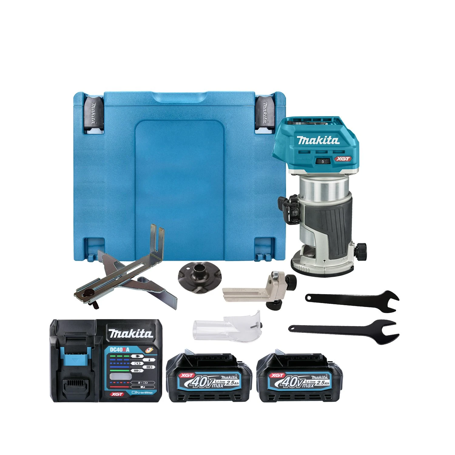 Makita RT001GD201 40Vmax XGT Cordless Brushless 1/4" & 3/8" Router With 2 X 2.5Ah Batteries, Charger & Case
